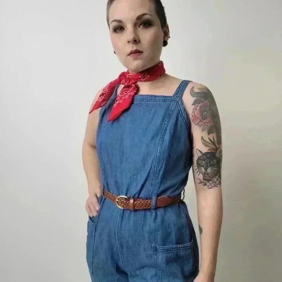 Wide Leg Denim Cropped Romper Jumpsuit - M - Picture 6 of 10